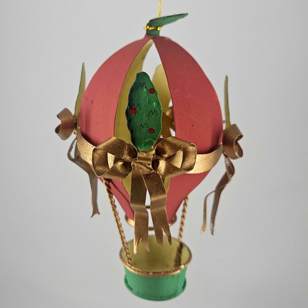 Vintage tin metal hot air balloon w bows Christmas tree ornament